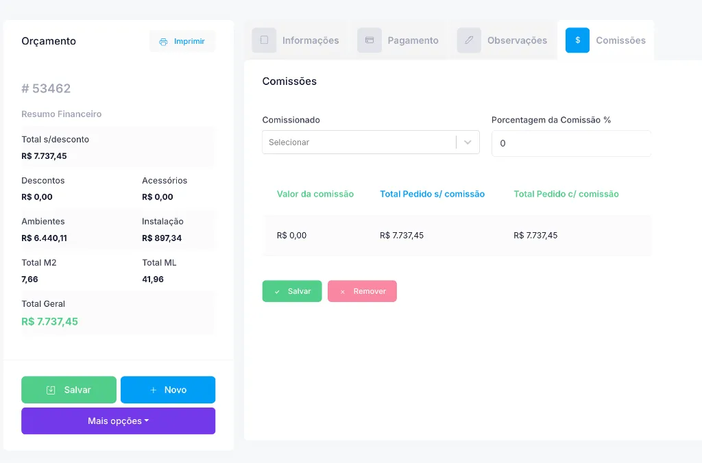 Tela de orçamento com resumo financeiro e comissões no MagmaPro