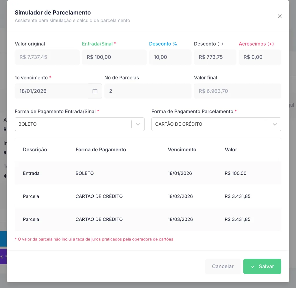 Simulador de parcelamento de pagamentos no MagmaPro